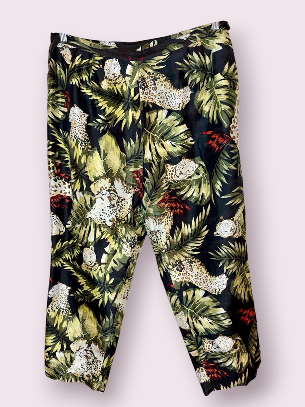 Anne Carson Tropical Jungle Leopard Print Silk Pants Cropped Size 16
